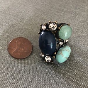 Ring Turquoise🩵green💚gemstones! Metal base ring! rhinestones! Vintage! 6 1/2